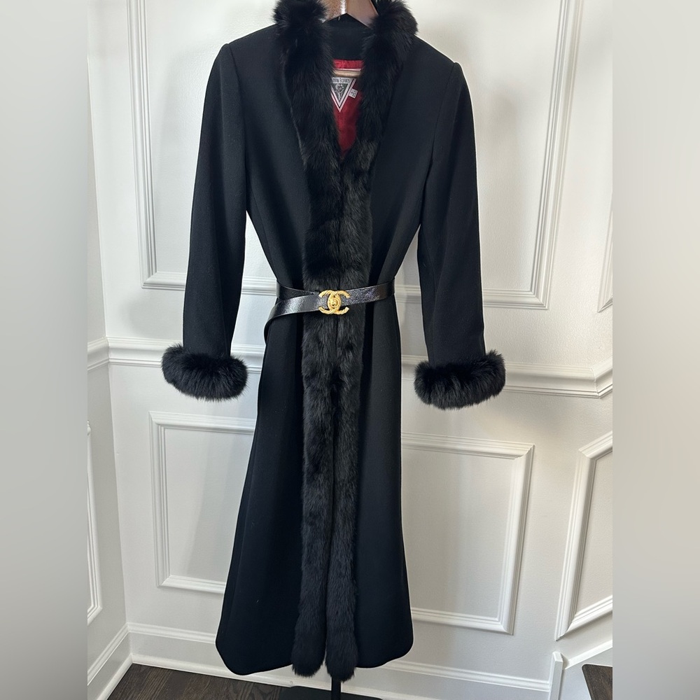 Marvin Richards Black Wool/Cashmere Coat with Fox Fur Trim